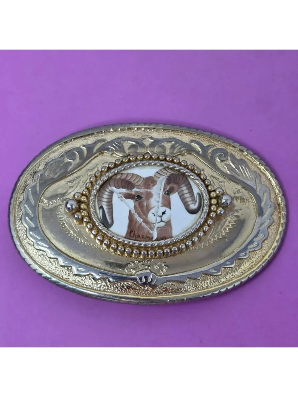 Vintage Western Belt‎ Buckle Hand Painted Bighorn Ram Porcelain Inlay Cracked